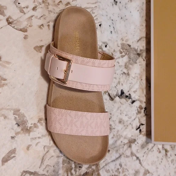 Michael Kors Blush Pink Mylah MK Signature Print Slide Sandals NEW SZ 6.5 - Picture 6 of 14